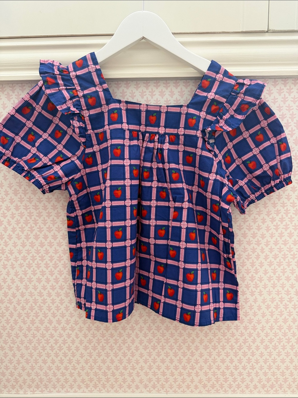 Shop the Mint Girls Blue & Pink Apple Check Peasant Top